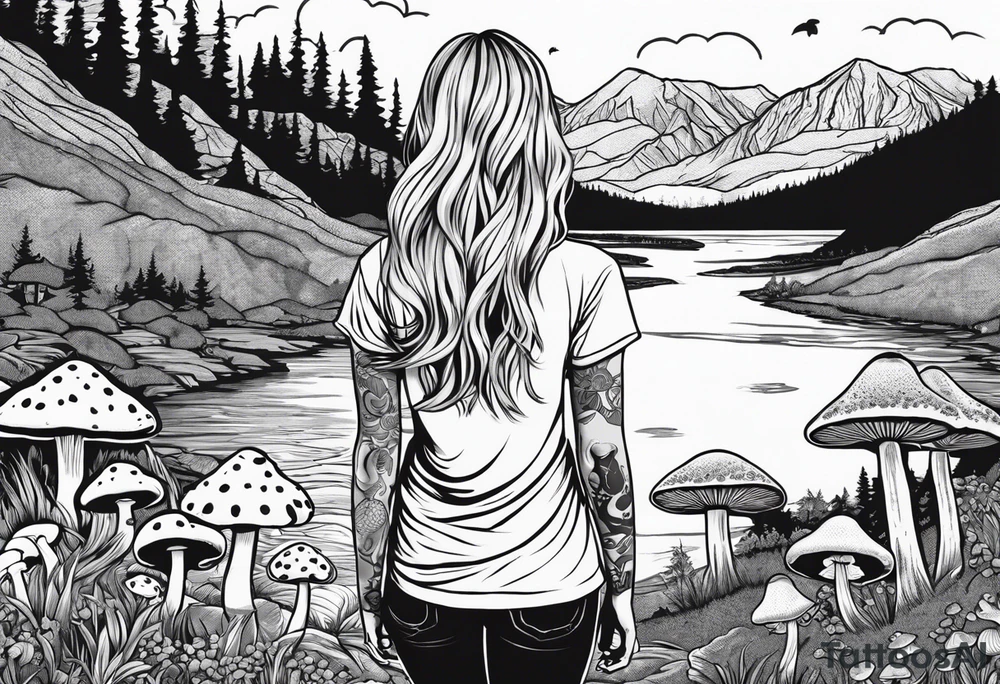 Whole picture encircled fully

Straight long blonde hair hippie girl in distance holding mushrooms in hand facing away toward mountains and creek surrounded by mushrooms tee shirt and hiking pants; whole rendering within a full circle, no cut off circle tattoo idea