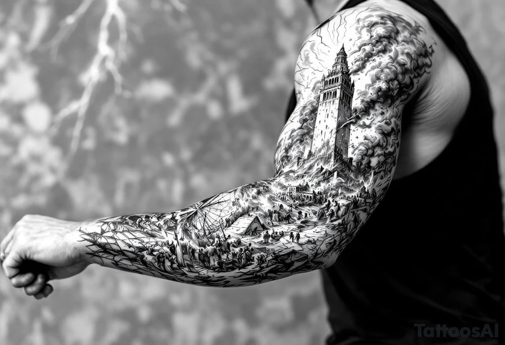 this will be a right arm sleeve.

A crumbling tower struck by lightning, with people scattering in chaos.
Fire raining down from heaven on a burning city, with smoke rising.
A blazing altar with fire falling from heaven
 Floodwaters overtaking the earth, with an ark in the distance. tattoo idea
