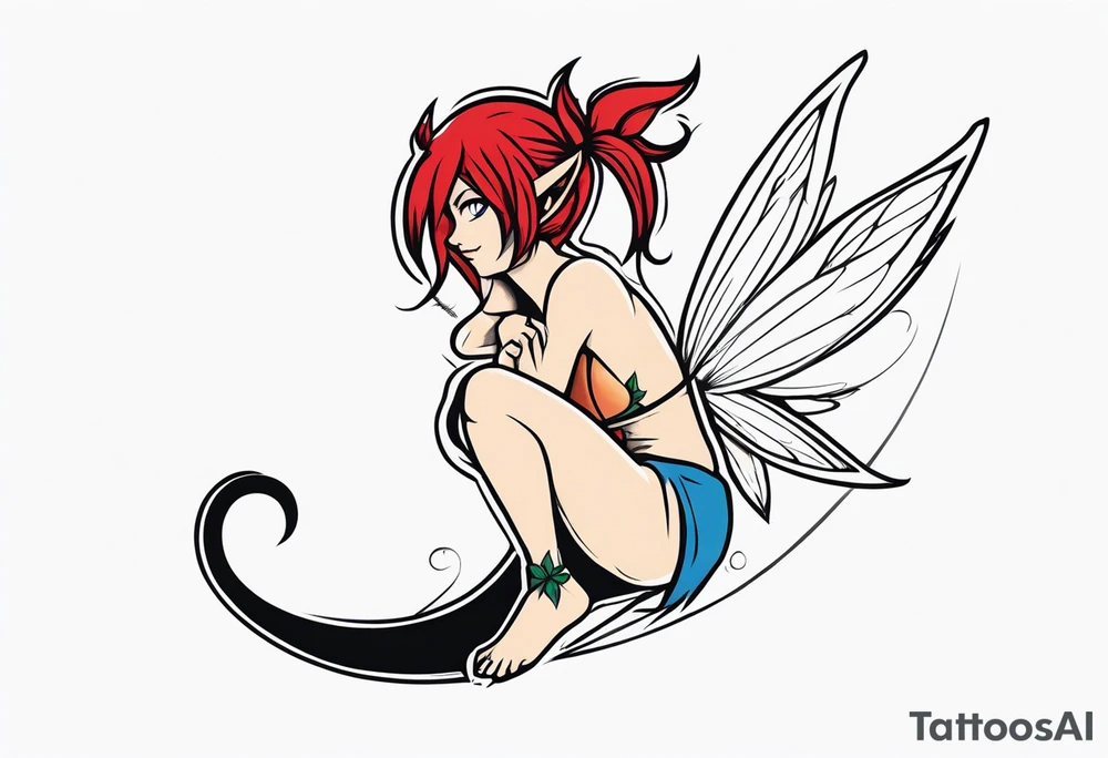 A fairy with a tail inspired by the logo of the show called Fairy Tail in a fetal position leaning in tattoo idea