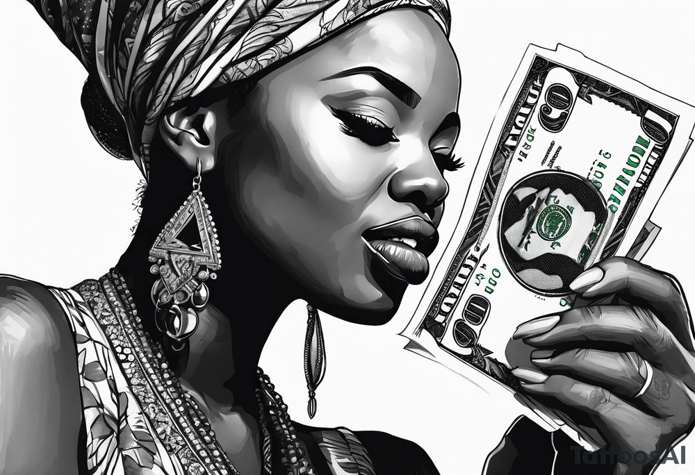 african woman biting money tattoo idea