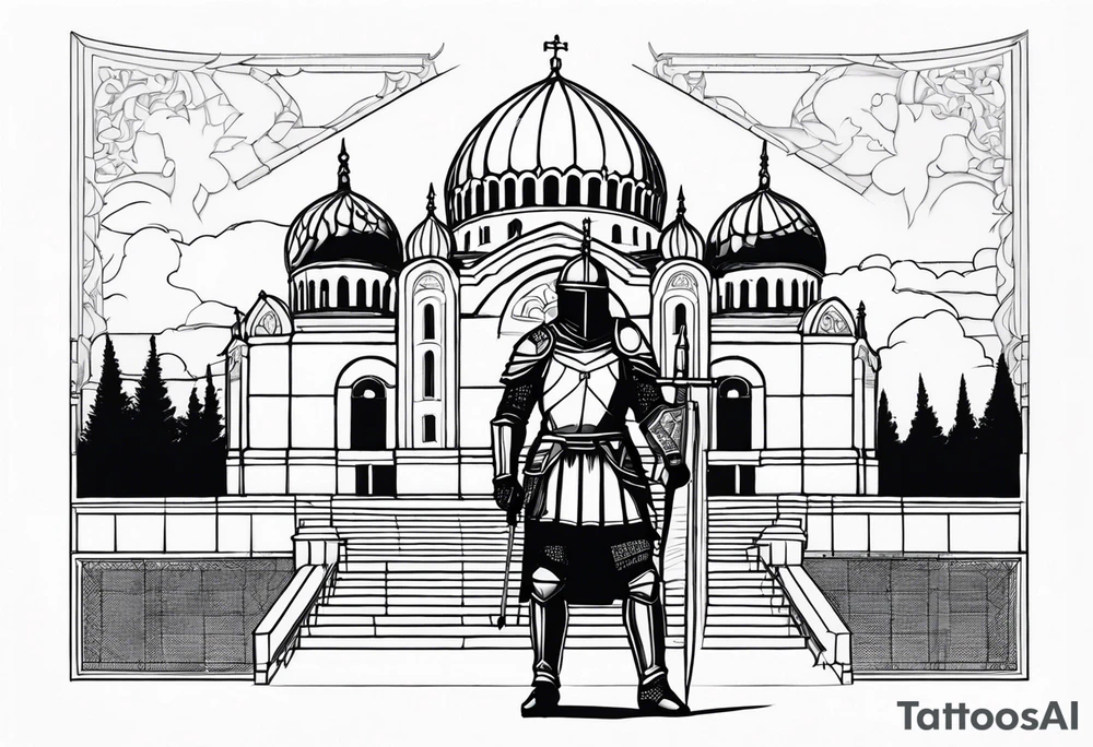 Standing serbian knight in front of the temple of saint sava in belgrade, serbia. tattoo idea