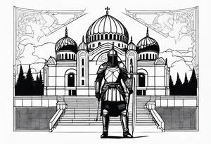 Standing serbian knight in front of the temple of saint sava in belgrade, serbia. tattoo idea