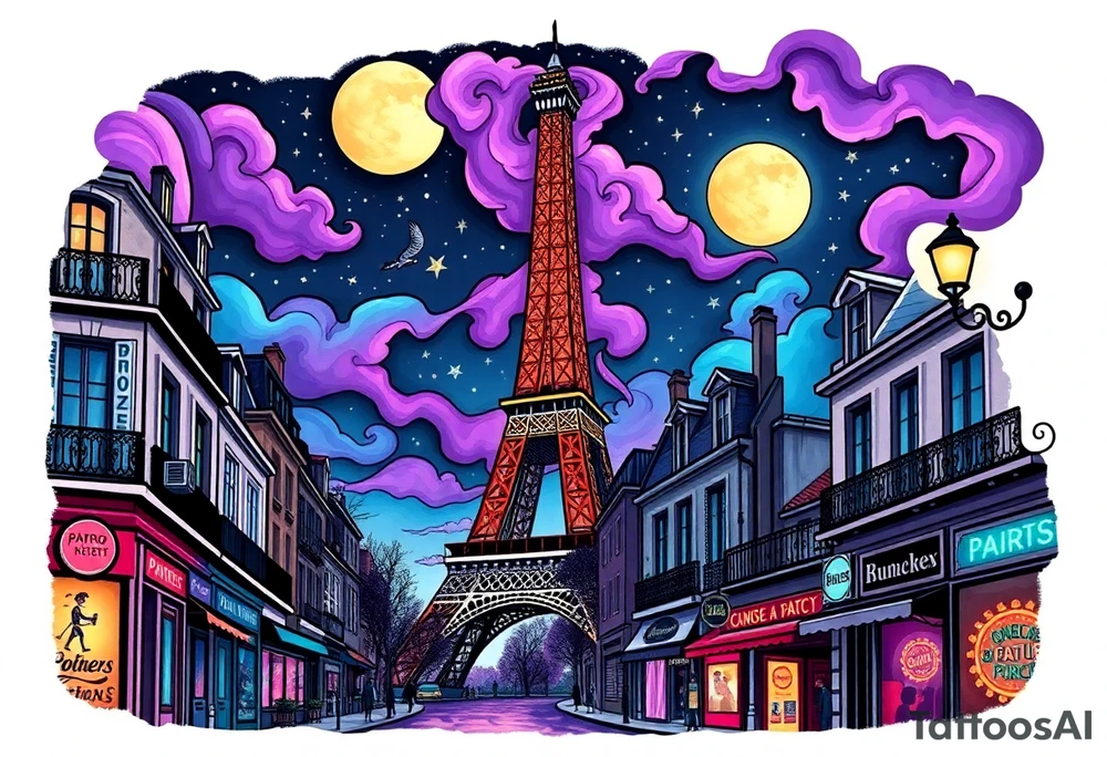 Tim Burton’s paris streets with effel tower from outside view is the street is littered with neon signs purple and cyan smokey clouds swirl and dance in the moonlit night sky filled with twinkling stars  tattoo idea tattoo idea