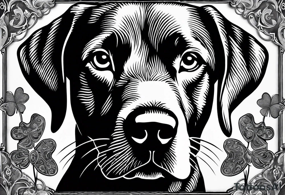 Clover leaf card with a cross and blue eyes of a Labrador retrevier and a cross tattoo idea