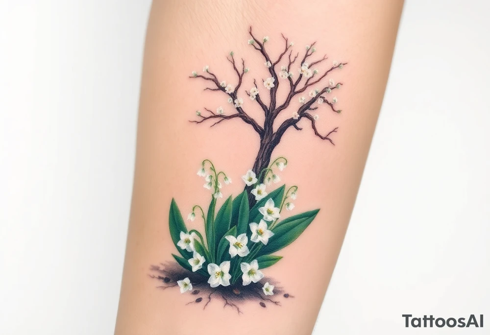 White flowering Lilly of the vally plants on ground underneath a flowering hawthorn tree tattoo idea