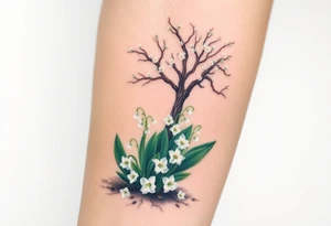 White flowering Lilly of the vally plants on ground underneath a flowering hawthorn tree tattoo idea