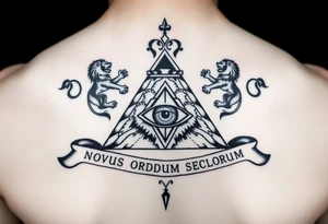 Pyramid with eye in the center, diamond on the top,lions on corners,surrounded by words - novus ordum seclorum tattoo idea