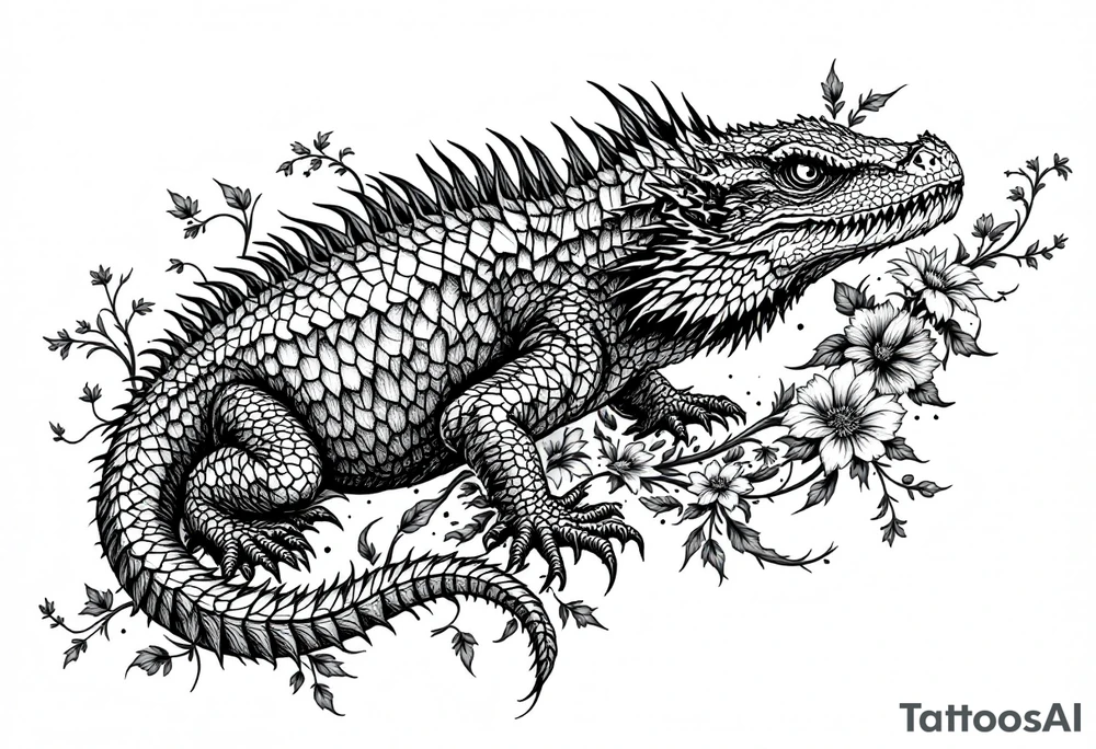 powerful big reptile, surrounded by floral ornaments tattoo idea