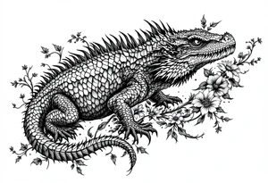 powerful big reptile, surrounded by floral ornaments tattoo idea