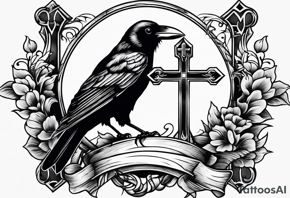 Crow resting a wooden cross tattoo idea