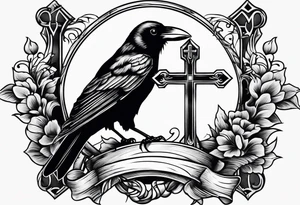 Crow resting a wooden cross tattoo idea