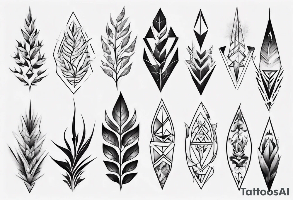full arm. pointy leaves and geometric shapes tattoo idea