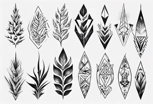 full arm. pointy leaves and geometric shapes tattoo idea