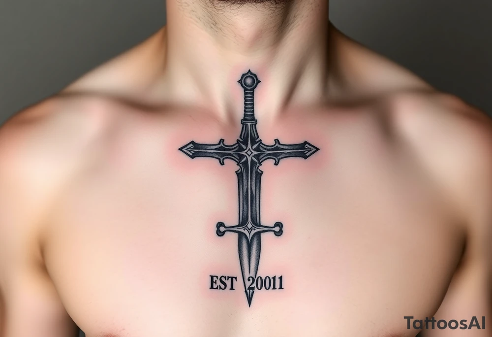 Russian inspired cross looking sword under nippleline with “EST 2001” below the belly button tattoo idea