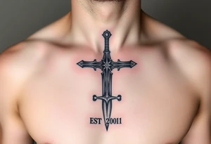 Russian inspired cross looking sword under nippleline with “EST 2001” below the belly button tattoo idea