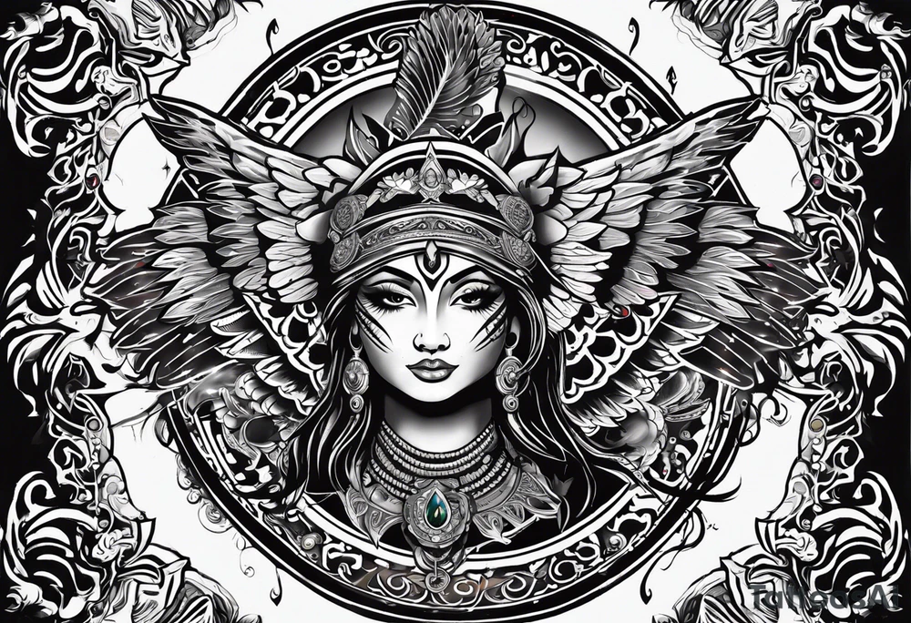 black kali, goddess pirate, alien, angel, pachamama, valkrye, warrior, flying, skull, lotus azul, wing, eagle, zenza resonance, stars, 5D, anahata chakra, death, durga, riding on a tiger, flying lady tattoo idea