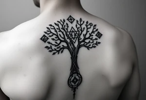 geometrical mystical tree of life with the star of David and cross cosmic roots and celestial symbols branches with HIV-positive symbol at bottom tattoo idea