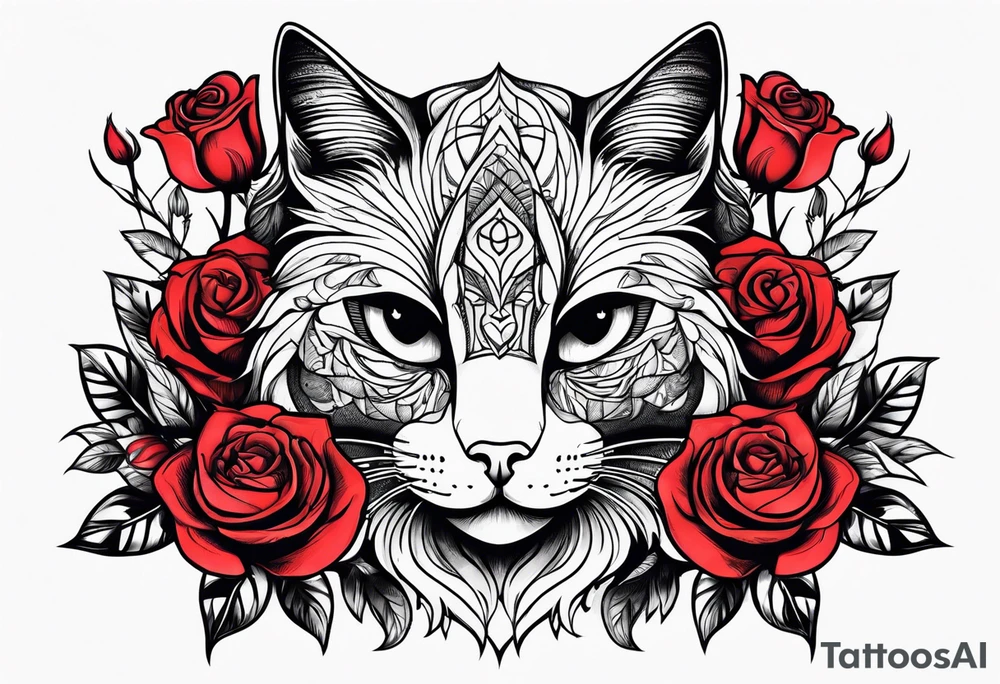 cat with roses around it tattoo idea
