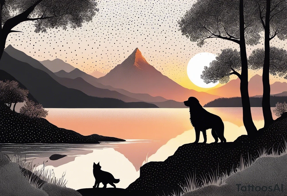 nature, sunset, mountains, a father and son hiking with their dog and cat 
by the water tattoo idea