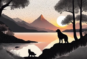 nature, sunset, mountains, a father and son hiking with their dog and cat 
by the water tattoo idea