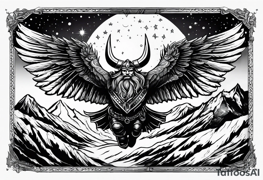 Space Viking flying over mountains tattoo idea