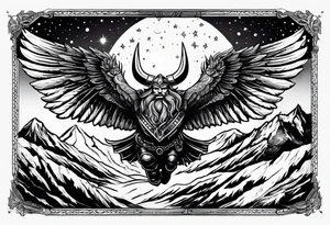 Space Viking flying over mountains tattoo idea