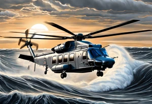 canadian military grey helicopter cyclone CH-148, a helicopter flying over rough water, Clear sky, sunset
, military art, ocean specular, highly detailed background, tattoo idea