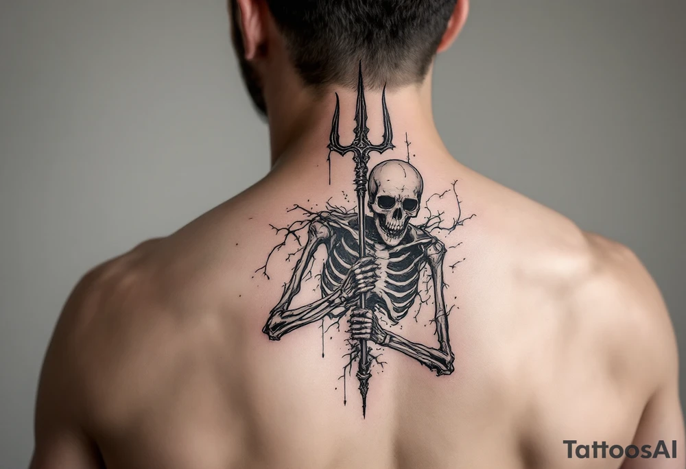 gambling skeleton behind trident tattoo idea