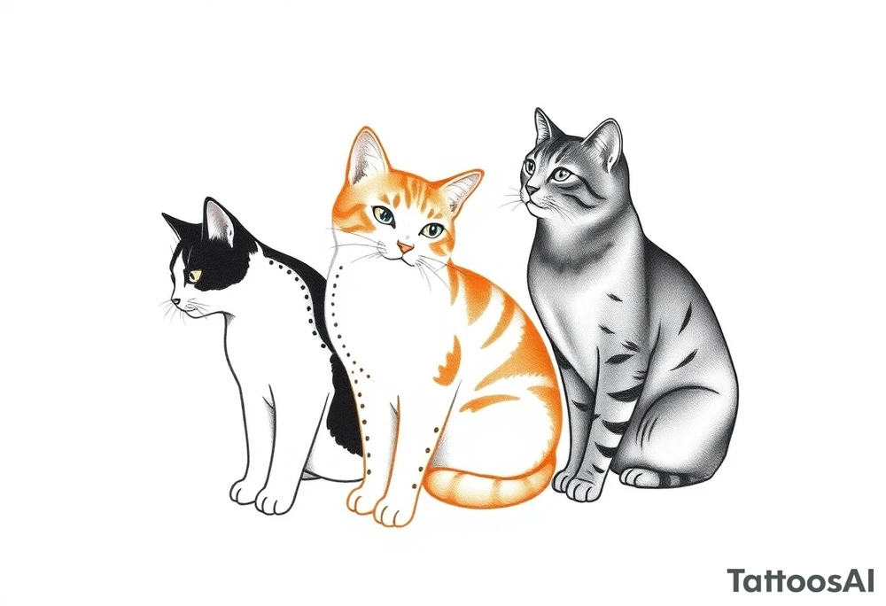 three cats, one black and white cat, one orange and white cat and one grey tabby cat tattoo idea