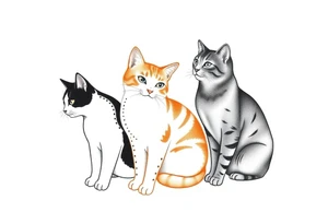 three cats, one black and white cat, one orange and white cat and one grey tabby cat tattoo idea