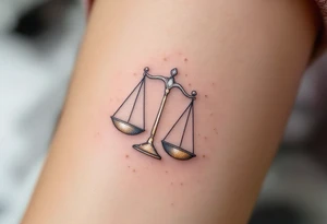 A delicate Libra constellation in shimmering gold ink wraps around a pair of balanced silver scales. tattoo idea
