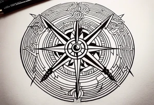 Two swords going through a compass and a labyrinth within it tattoo idea