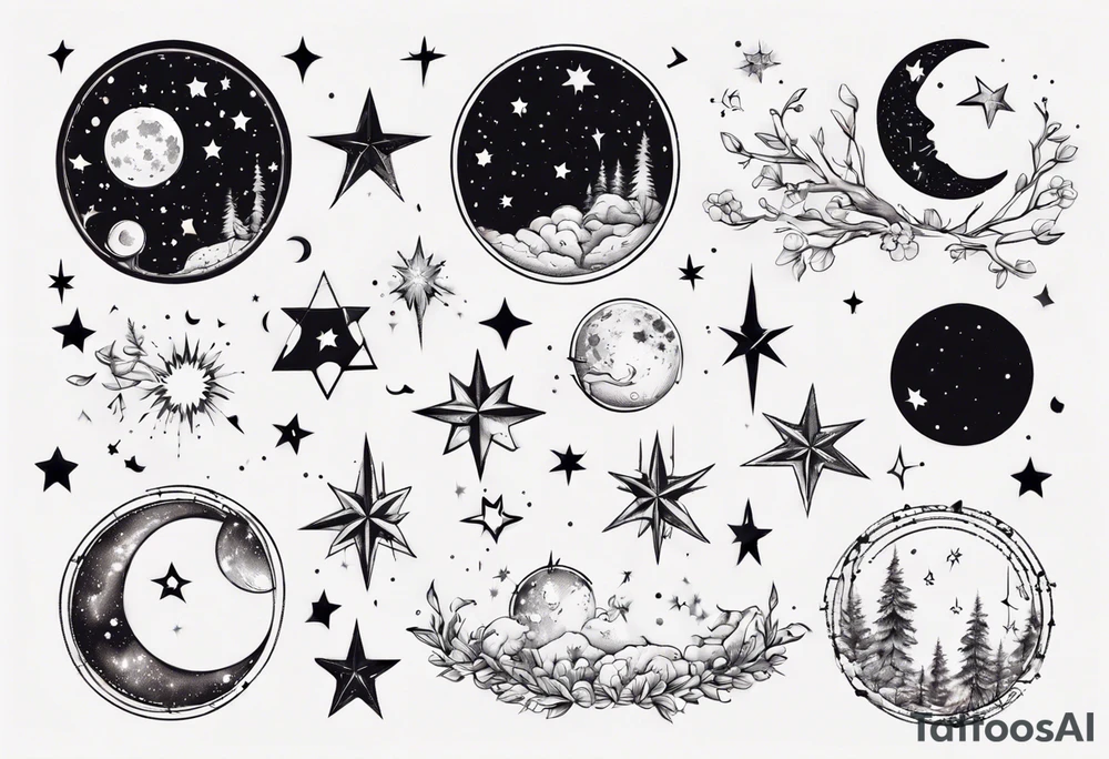Night sky with moon and stars and constellations tattoo idea