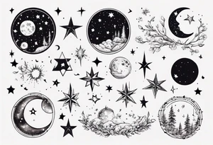 Night sky with moon and stars and constellations tattoo idea