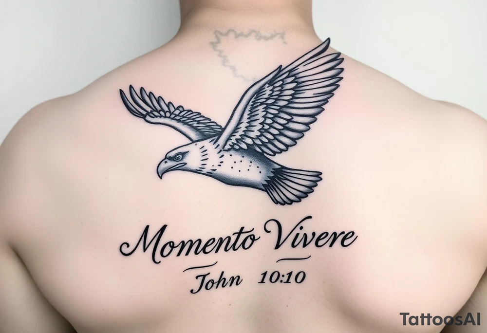 realistic eagle in flight, the words Momento Vivere and John 10:10 tattoo idea