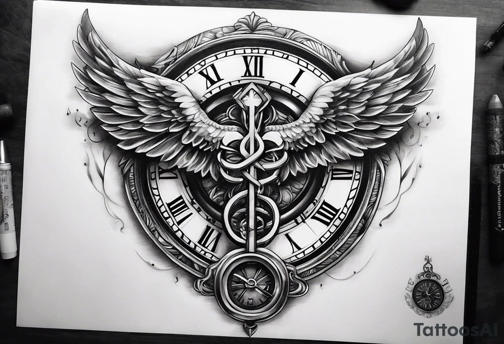 Caduceus with clock at 4:09 tattoo idea