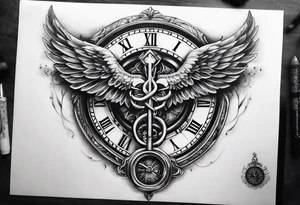 Caduceus with clock at 4:09 tattoo idea