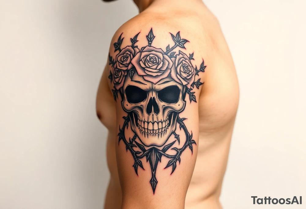 ornate skull adorned with crown of wild roses and thorns tattoo idea
