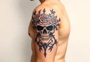 ornate skull adorned with crown of wild roses and thorns tattoo idea