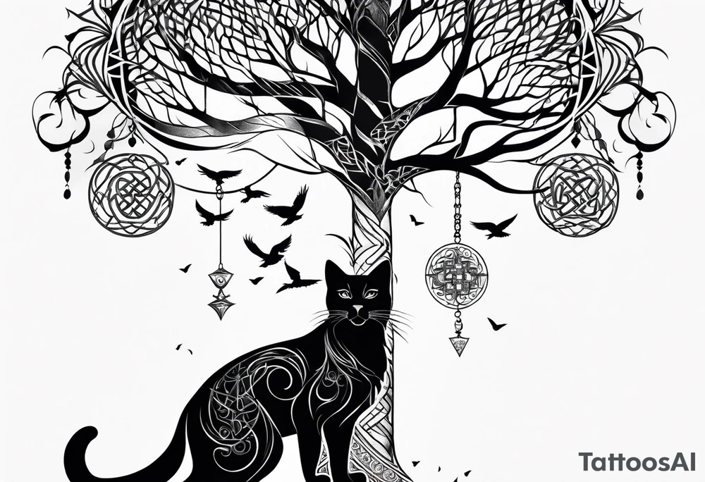 world tree with a cat and a raven and knotwork upper arm tattoo tattoo idea