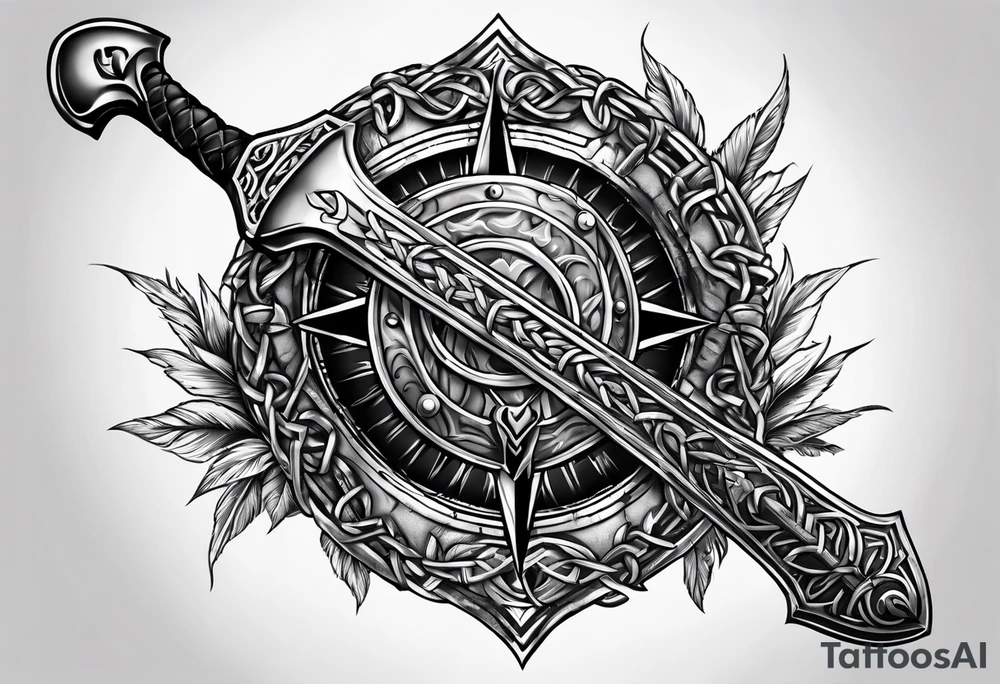 Valhalla sword round shield axe barbed wire chains tattoo idea