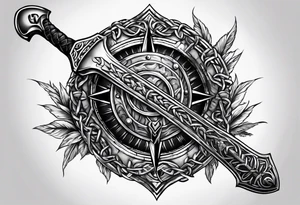 Valhalla sword round shield axe barbed wire chains tattoo idea