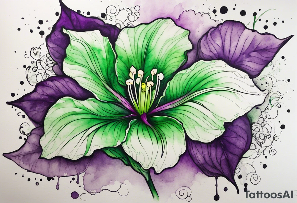A mystical outline of a green and purple rio dipladenia flower and a green and purple watercolor splash in the background tattoo idea