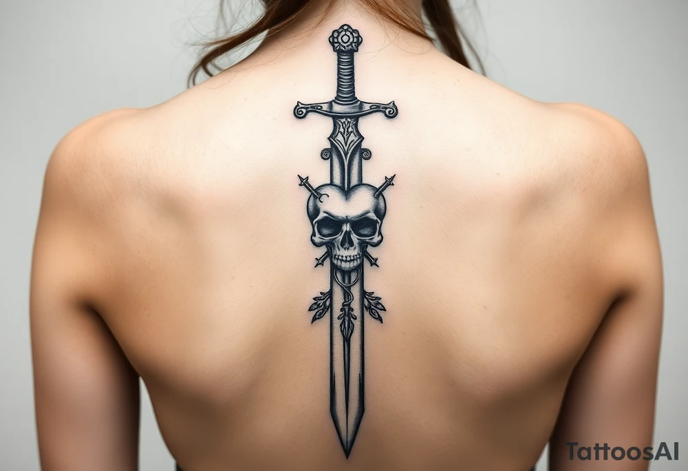 A long weathered guard sword going down spine with a skull heart tattoo idea