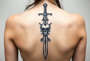 A long weathered guard sword going down spine with a skull heart tattoo idea