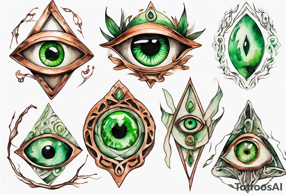 a copper and green eye-shaped amulet tattoo idea