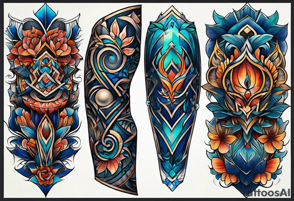 semi Detailed neo traditional knee tattoo flat on paper. The tattoo features geometric patterns and bold lines, creating a visually striking design with slight tints of deep fall colors. outside the tattoo features deep blues washes and water swirls tattoo idea