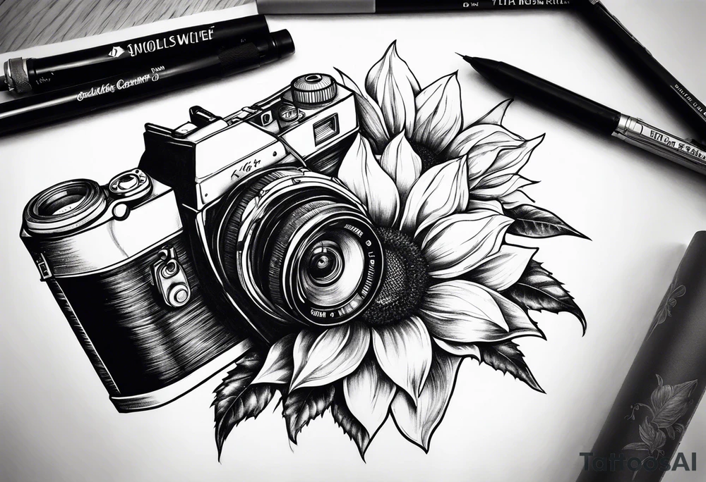 sunflower, camera, flower rose , book tattoo idea