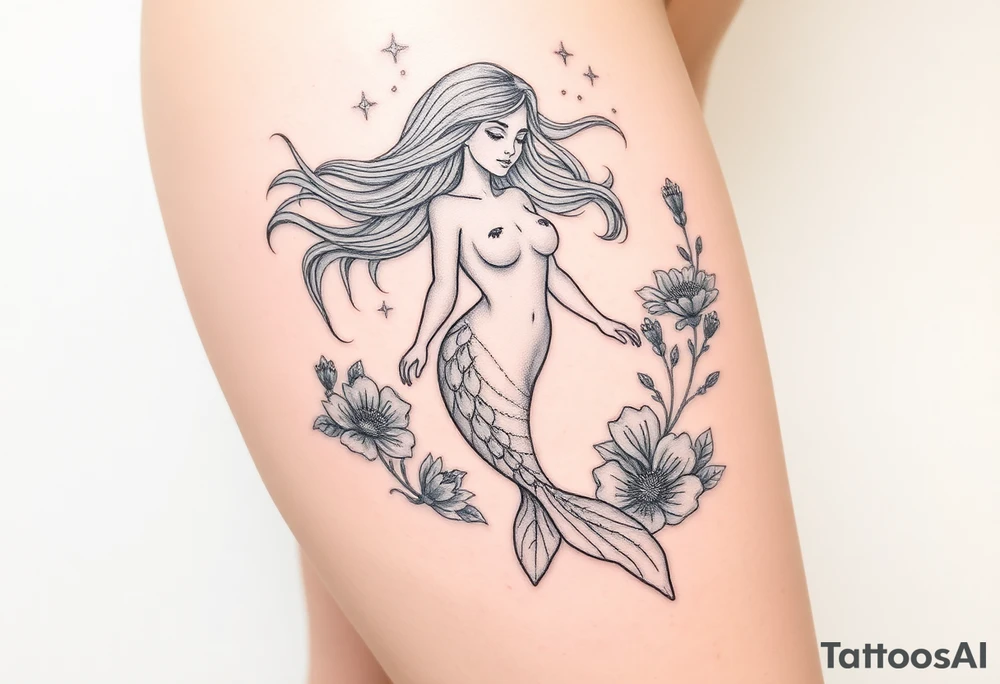 ethereal mermaid with flowing hair among coral and sea flowers tattoo idea