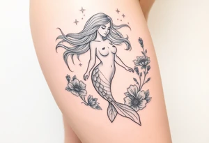 ethereal mermaid with flowing hair among coral and sea flowers tattoo idea